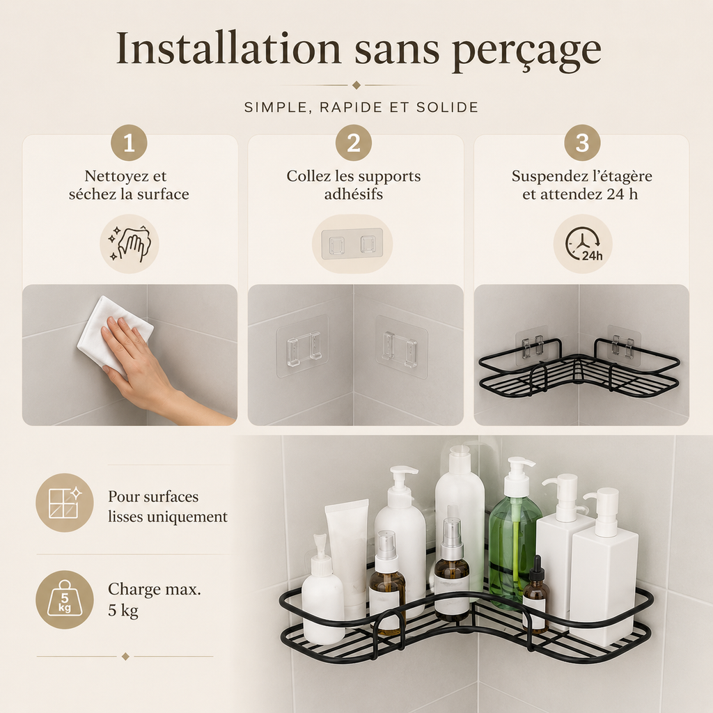 Installation en trois étapes de l’étagère d’angle sans perçage