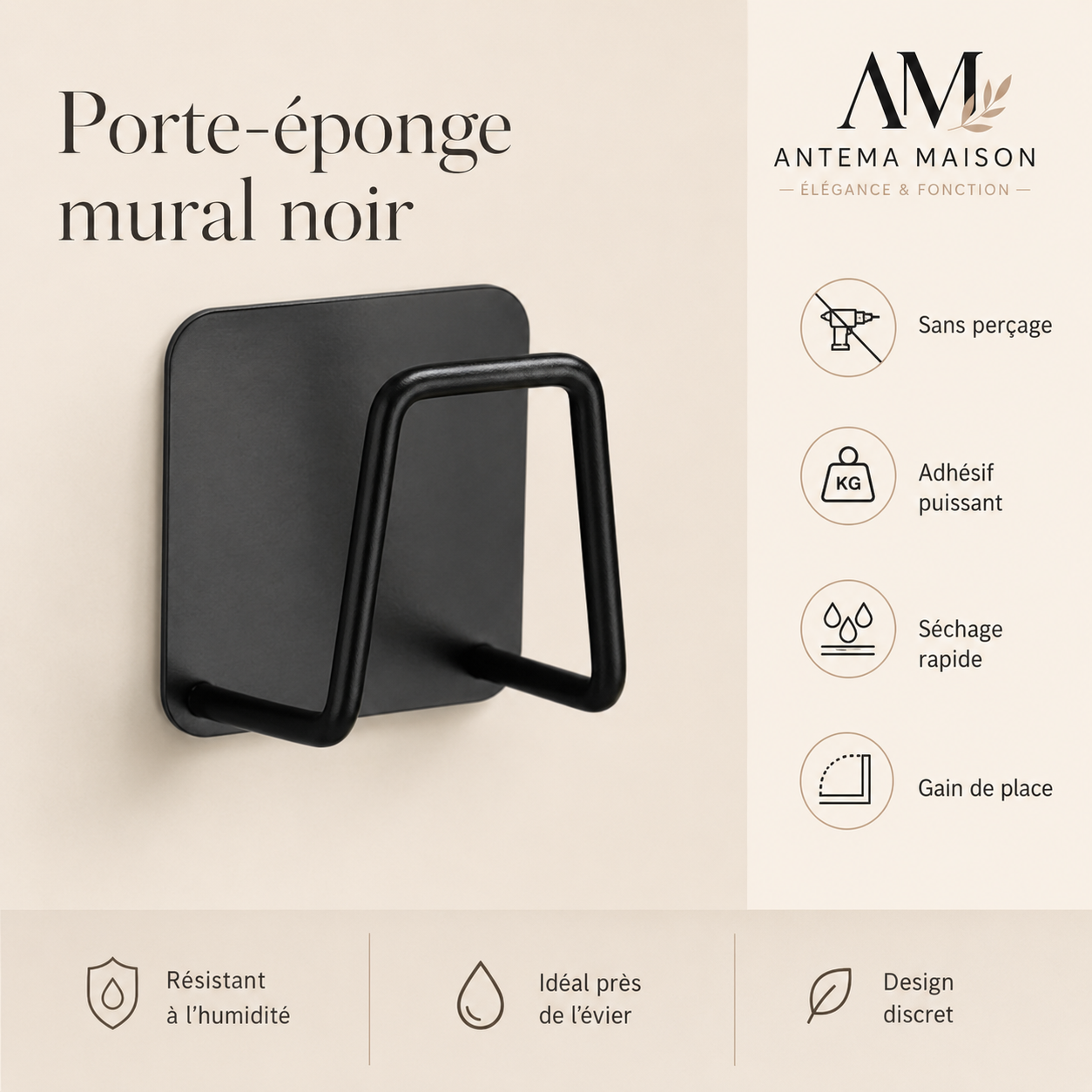 Porte-éponge mural noir adhésif – sans perçage