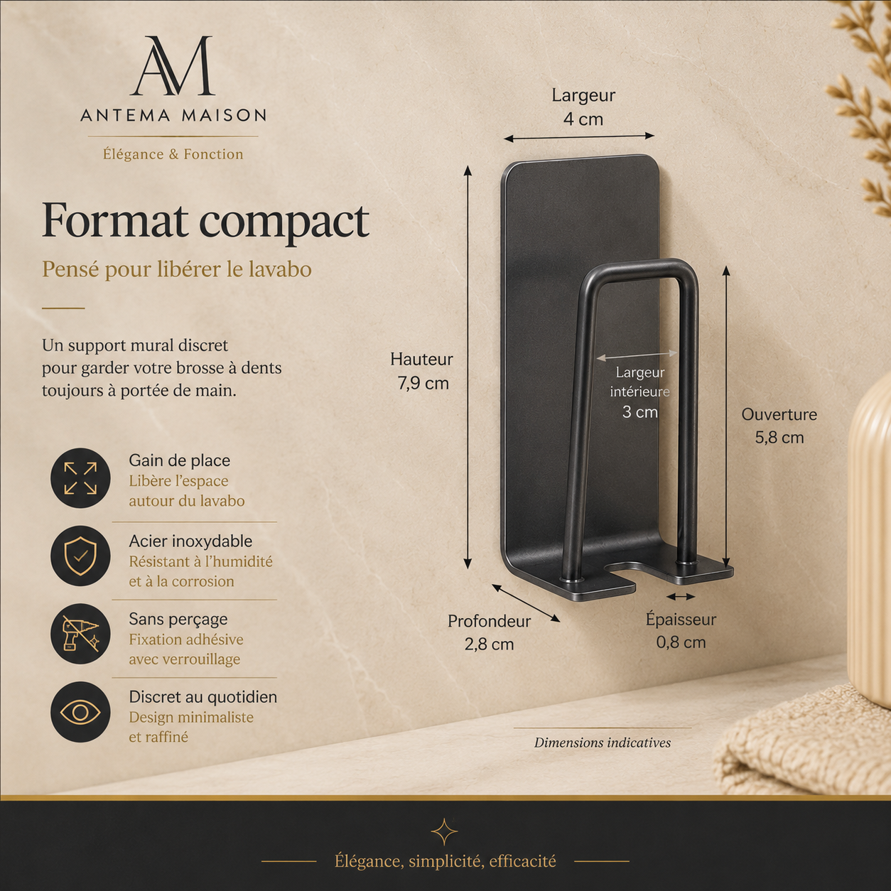 Support mural anthracite pour brosse à dents – adhésif sans perçage