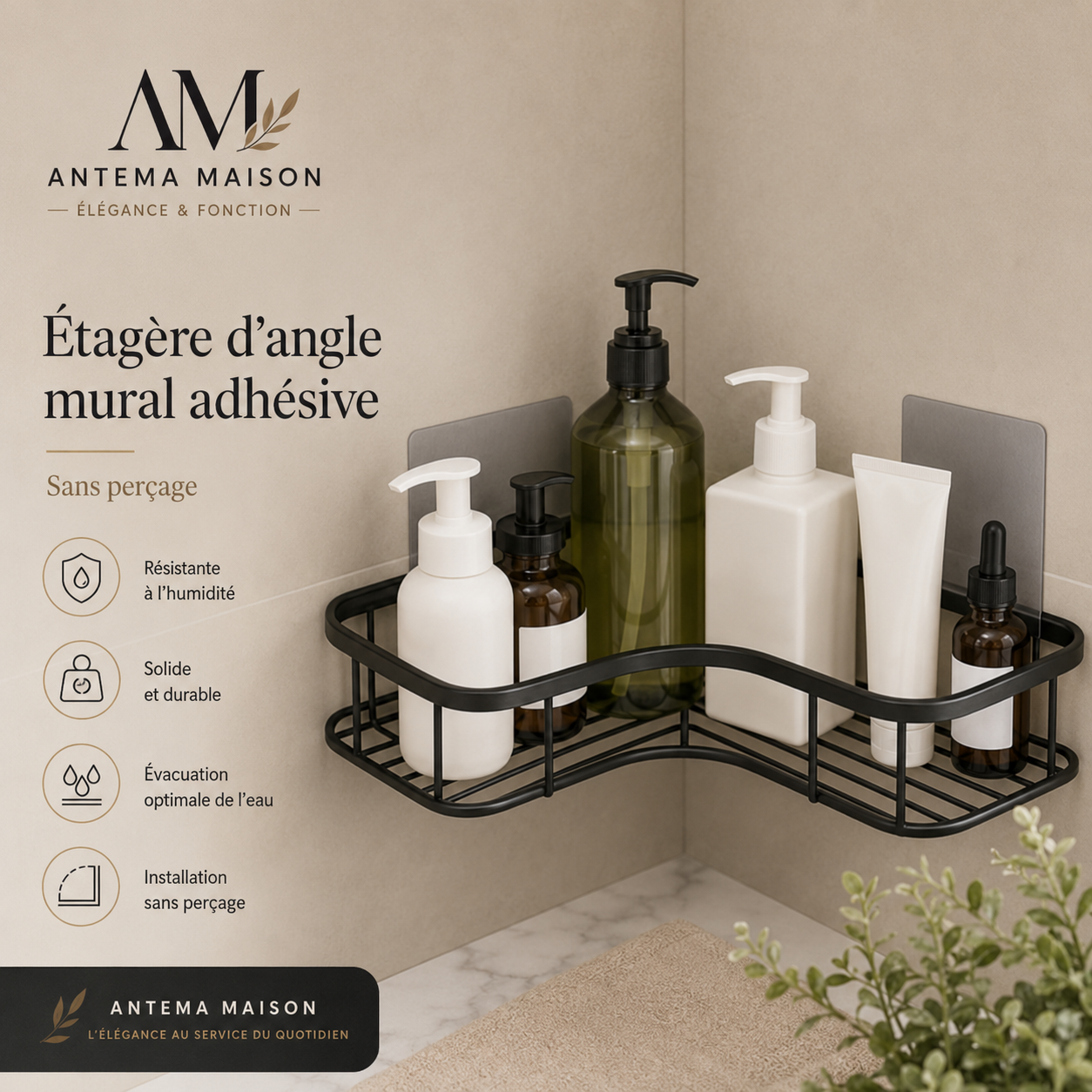 Étagère d’angle murale sans perçage – noire