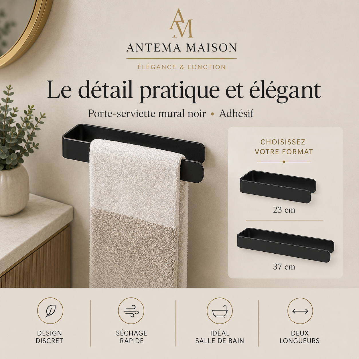 Porte-serviette mural noir adhésif – 23 ou 37 cm