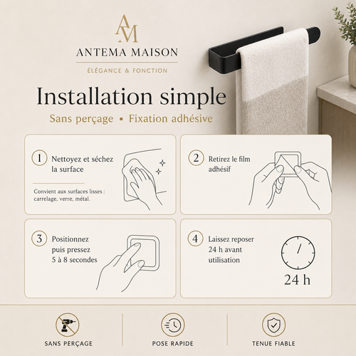 Porte-serviette mural noir adhésif – 23 ou 37 cm